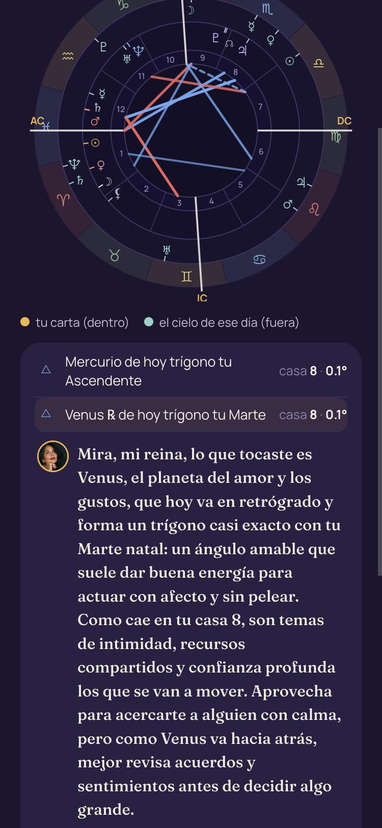Pantalla: la Tía explica un tránsito de Venus en la casa 8
